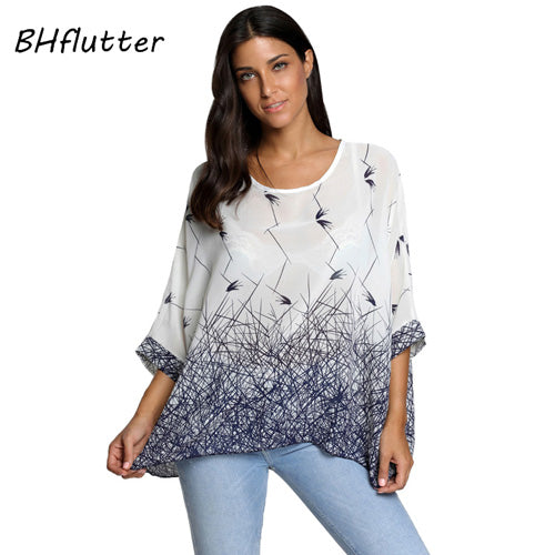 BHflutter النساء البلوزات الصيف بلايز تيز نمط جديد 2018 Batwing بلوزة شيفون عادية قميص 4XL 5XL 6XL حجم كبير النساء الملابس
