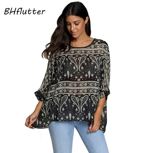 BHflutter النساء البلوزات الصيف بلايز تيز نمط جديد 2018 Batwing بلوزة شيفون عادية قميص 4XL 5XL 6XL حجم كبير النساء الملابس