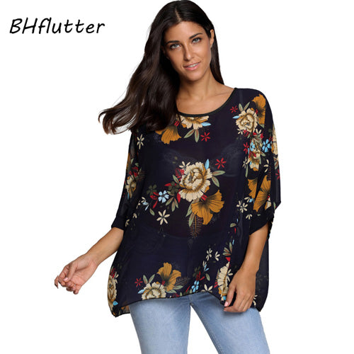 BHflutter النساء البلوزات الصيف بلايز تيز نمط جديد 2018 Batwing بلوزة شيفون عادية قميص 4XL 5XL 6XL حجم كبير النساء الملابس