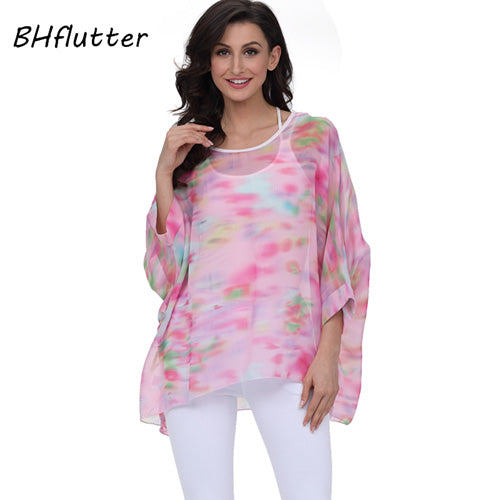 BHflutter النساء البلوزات الصيف بلايز تيز نمط جديد 2018 Batwing بلوزة شيفون عادية قميص 4XL 5XL 6XL حجم كبير النساء الملابس