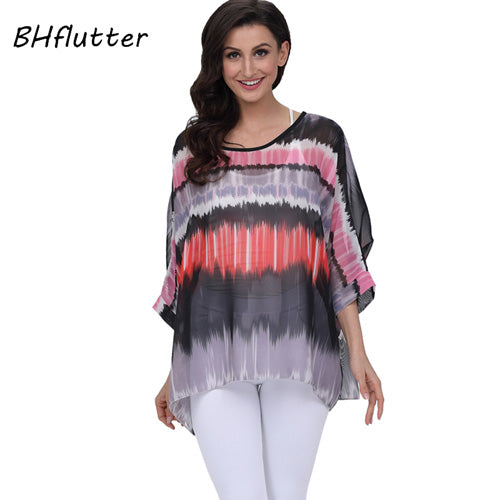 BHflutter النساء البلوزات الصيف بلايز تيز نمط جديد 2018 Batwing بلوزة شيفون عادية قميص 4XL 5XL 6XL حجم كبير النساء الملابس