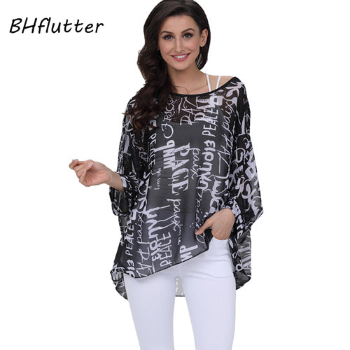 BHflutter النساء البلوزات الصيف بلايز تيز نمط جديد 2018 Batwing بلوزة شيفون عادية قميص 4XL 5XL 6XL حجم كبير النساء الملابس