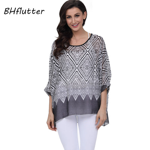 BHflutter النساء البلوزات الصيف بلايز تيز نمط جديد 2018 Batwing بلوزة شيفون عادية قميص 4XL 5XL 6XL حجم كبير النساء الملابس
