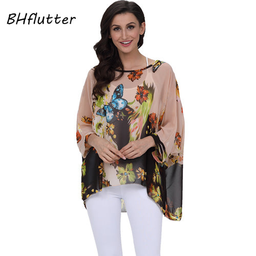 BHflutter النساء البلوزات الصيف بلايز تيز نمط جديد 2018 Batwing بلوزة شيفون عادية قميص 4XL 5XL 6XL حجم كبير النساء الملابس