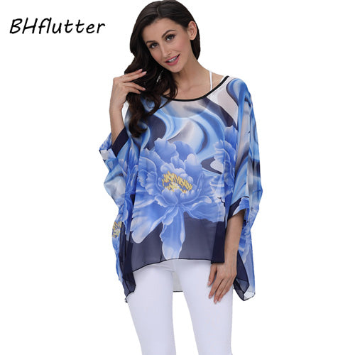 BHflutter النساء البلوزات الصيف بلايز تيز نمط جديد 2018 Batwing بلوزة شيفون عادية قميص 4XL 5XL 6XL حجم كبير النساء الملابس