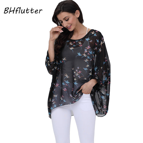 BHflutter النساء البلوزات الصيف بلايز تيز نمط جديد 2018 Batwing بلوزة شيفون عادية قميص 4XL 5XL 6XL حجم كبير النساء الملابس