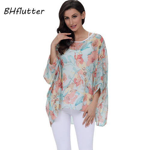 BHflutter النساء البلوزات الصيف بلايز تيز نمط جديد 2018 Batwing بلوزة شيفون عادية قميص 4XL 5XL 6XL حجم كبير النساء الملابس