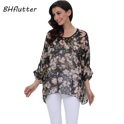 BHflutter النساء البلوزات الصيف بلايز تيز نمط جديد 2018 Batwing بلوزة شيفون عادية قميص 4XL 5XL 6XL حجم كبير النساء الملابس