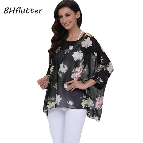 BHflutter النساء البلوزات الصيف بلايز تيز نمط جديد 2018 Batwing بلوزة شيفون عادية قميص 4XL 5XL 6XL حجم كبير النساء الملابس