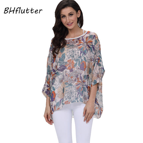 BHflutter النساء البلوزات الصيف بلايز تيز نمط جديد 2018 Batwing بلوزة شيفون عادية قميص 4XL 5XL 6XL حجم كبير النساء الملابس
