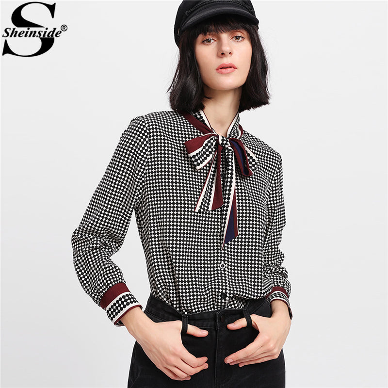 Sheinside 2018 Primavera Blusa de Manga Longa Gola Mista Impressão Amarrado Pescoço Arco Camisa Xadrez Mulheres Elegante Blusa de Bolinhas