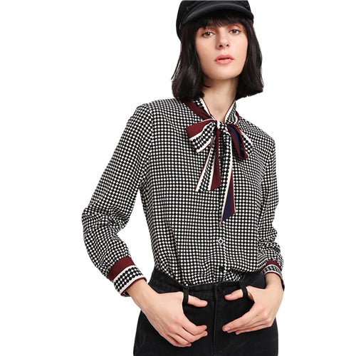 Sheinside 2018 Spring Long Sleeve Blouse Stand Collar Mixed Print Tied Neck Bow Plaid Shirt Women Elegant Polka Dot Blouse