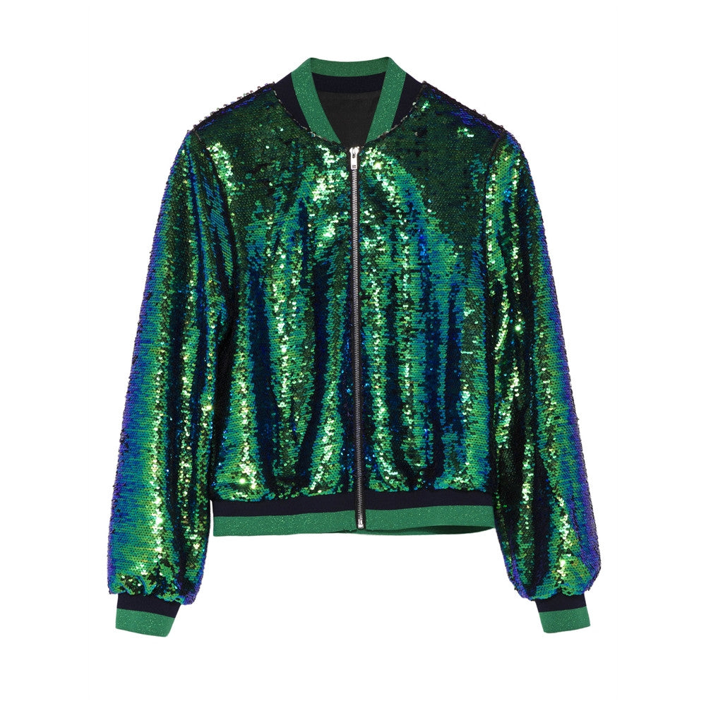Avocado Green Full Sleeves Peter Pan Collar Sequined Bomber Jacket