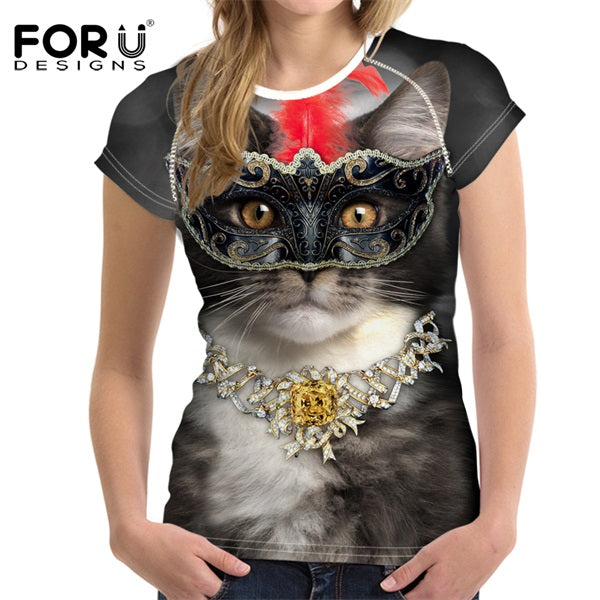FORUDESIGNS Black 3D Cat Animal Women Casual T Shirt Brand Clothing Women Short Sleeved Breathable Tshirt Female Fitness Tops