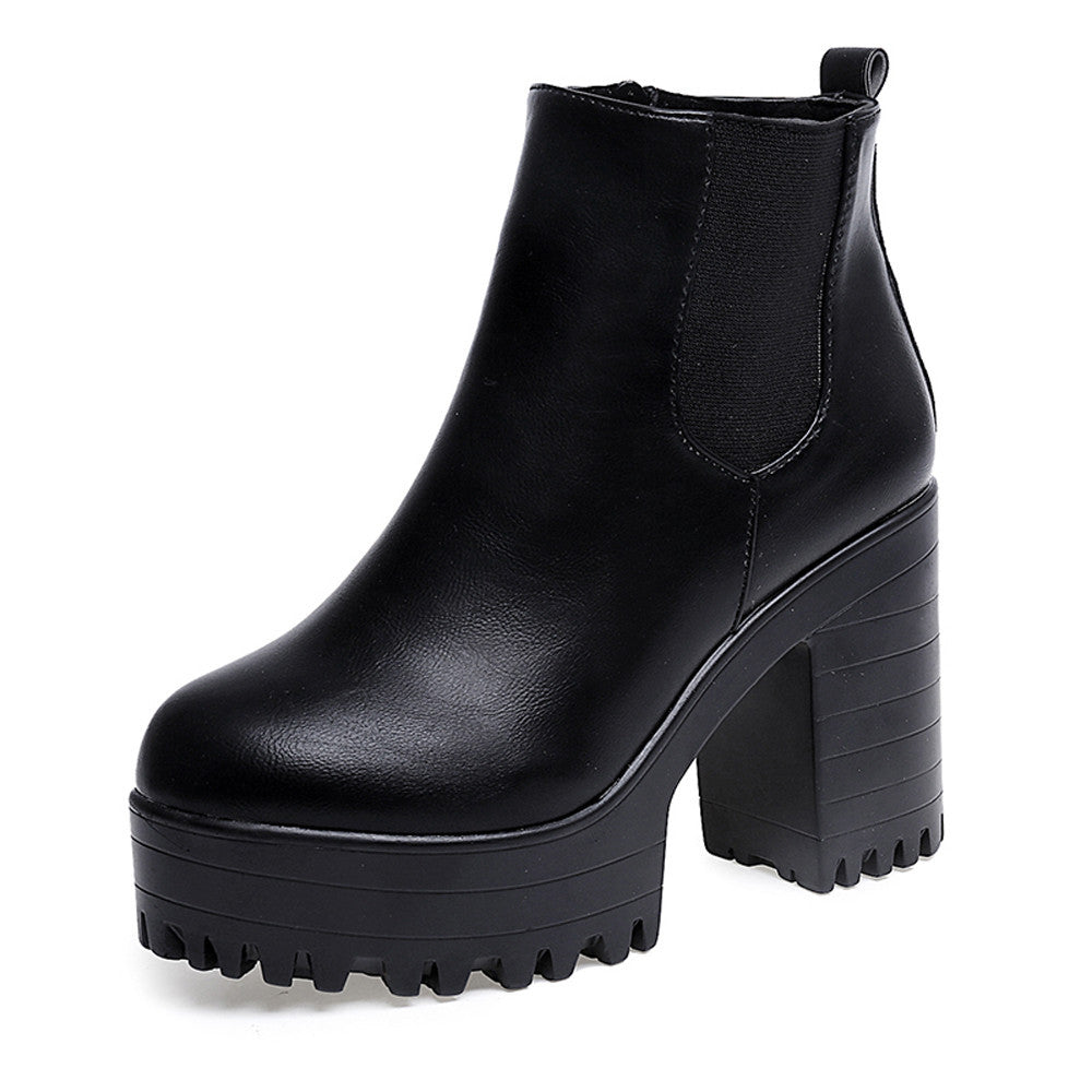 Botas femininas plataforma de salto quadrado couro coxa botas altas sapatos