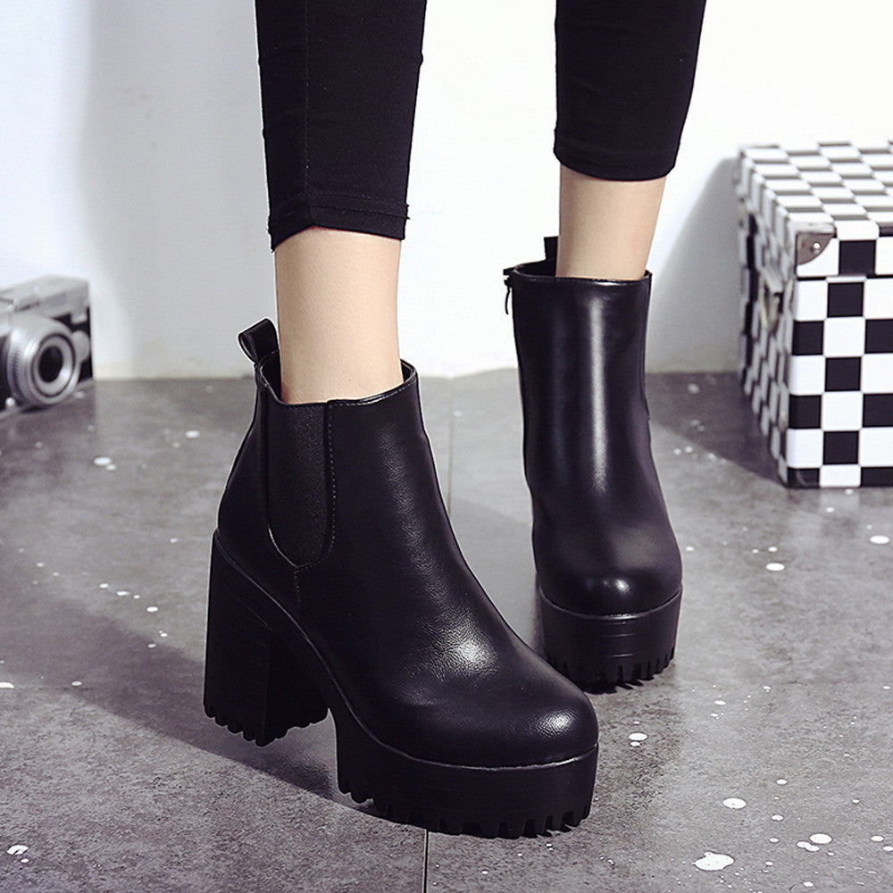 Botas femininas plataforma de salto quadrado couro coxa botas altas sapatos