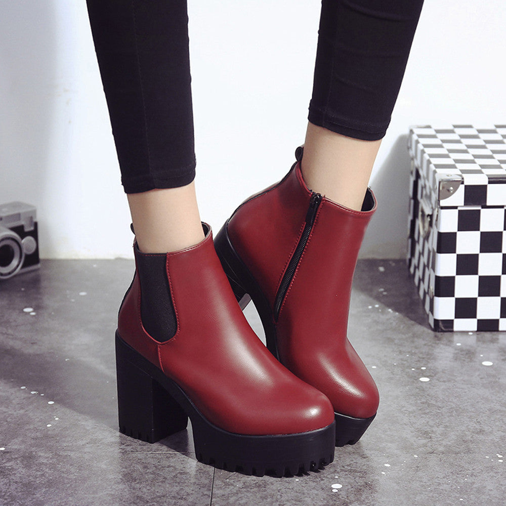 Botas femininas plataforma de salto quadrado couro coxa botas altas sapatos