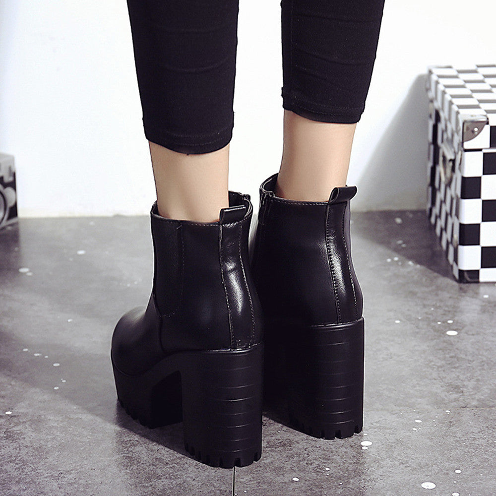 Botas femininas plataforma de salto quadrado couro coxa botas altas sapatos