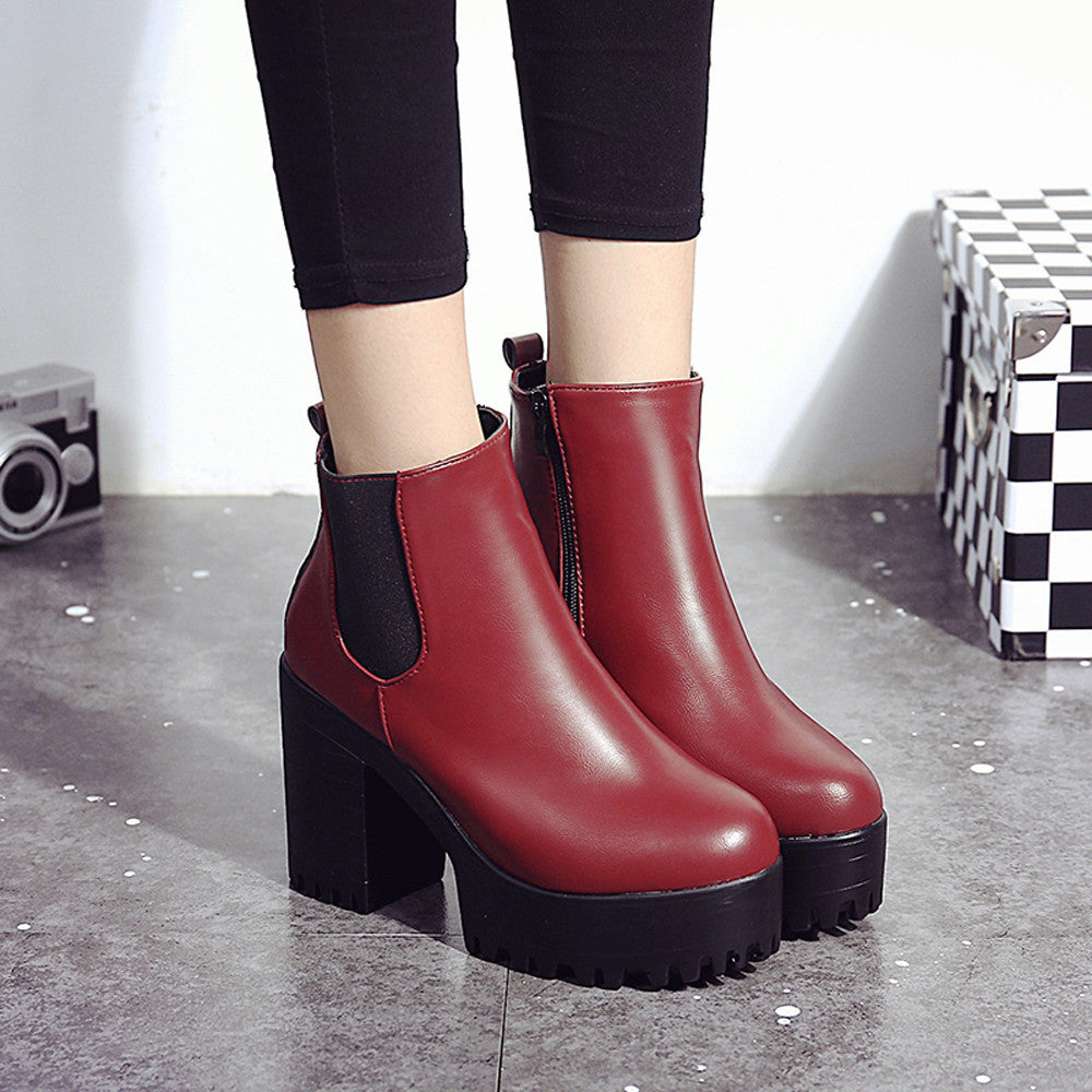 Botas femininas plataforma de salto quadrado couro coxa botas altas sapatos