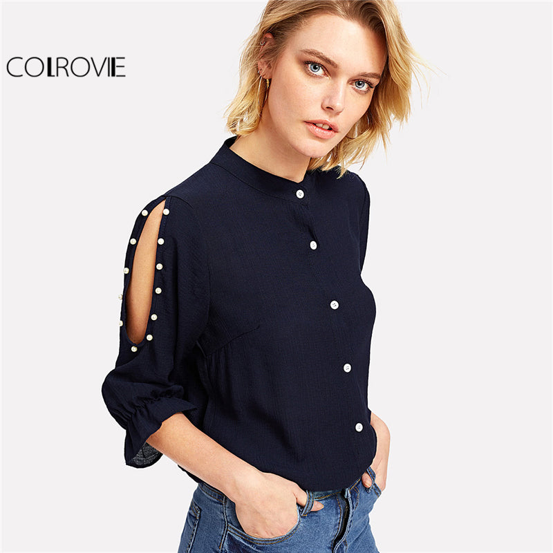 COLROVIE 2018 Spring Stand Collar Pearl Beading Blouse Women 3/4 Sleeve Split Shoulder Plain Top Navy Casual Button Shirt