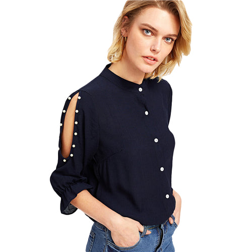 COLROVIE 2018 Spring Stand Collar Pearl Beading Blouse Women 3/4 Sleeve Split Shoulder Plain Top Navy Casual Button Shirt