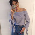 Hot Sale Sexy Fashion Bowknot Long Sleeve Blouse Casual Loose Blue Striped Off Shoulder Shirts Plus Size