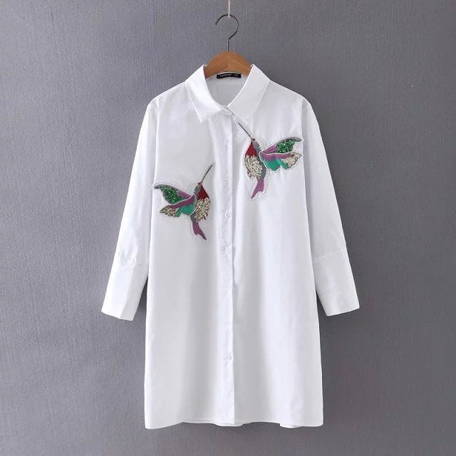 New arrival 2018 Women Bird Embroidered Blouse Shirts fashion Long sleeve high quality turn down collar Spring Fall female Shirt