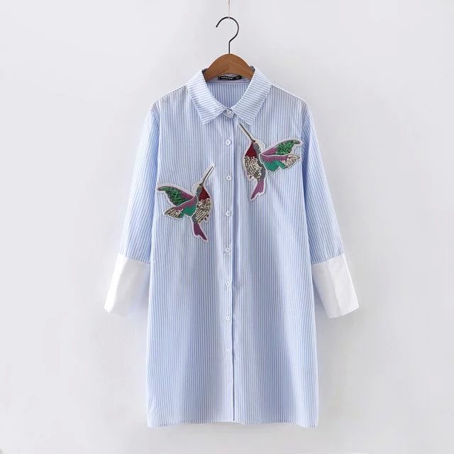 New arrival 2018 Women Bird Embroidered Blouse Shirts fashion Long sleeve high quality turn down collar Spring Fall female Shirt