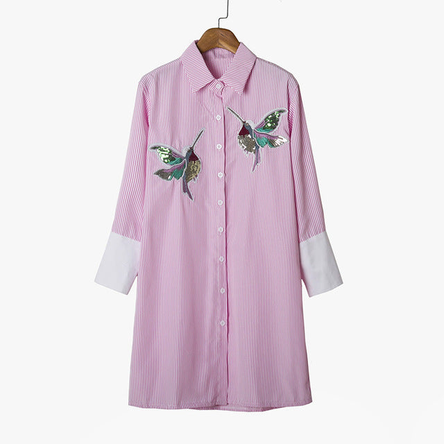 New arrival 2018 Women Bird Embroidered Blouse Shirts fashion Long sleeve high quality turn down collar Spring Fall female Shirt