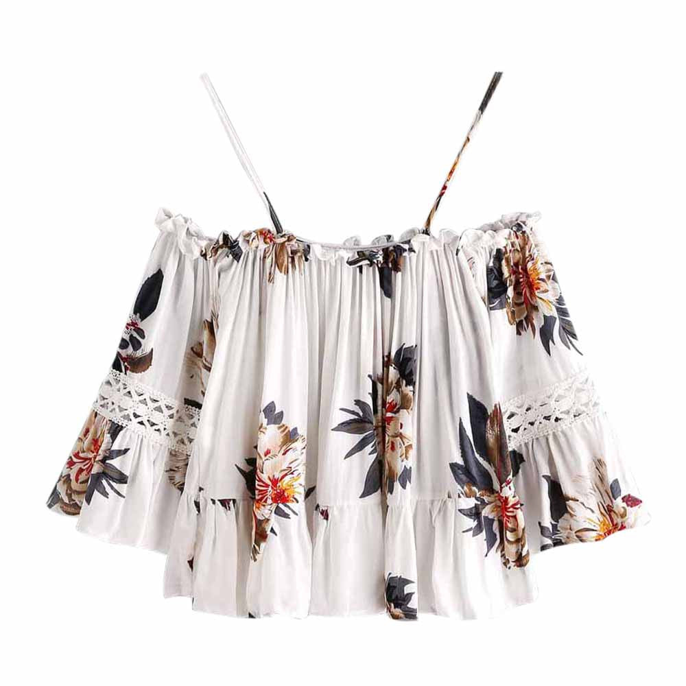 Mulheres Floral Lace Casual Off Ombro Crop Top Camisa Blusa Cami Top 