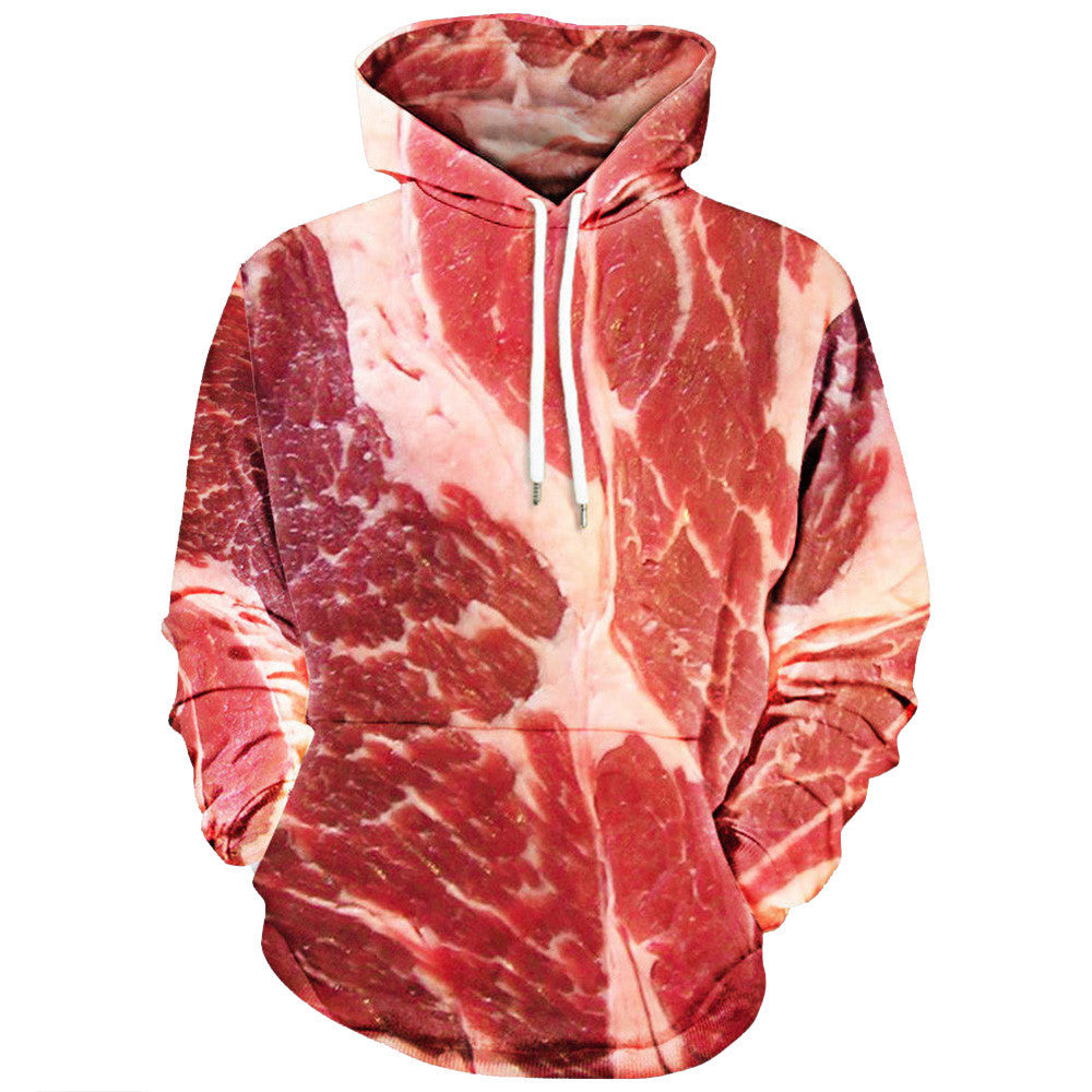 Pulôver unissex de carne crua com estampa 3D de manga comprida com capuz e blusa