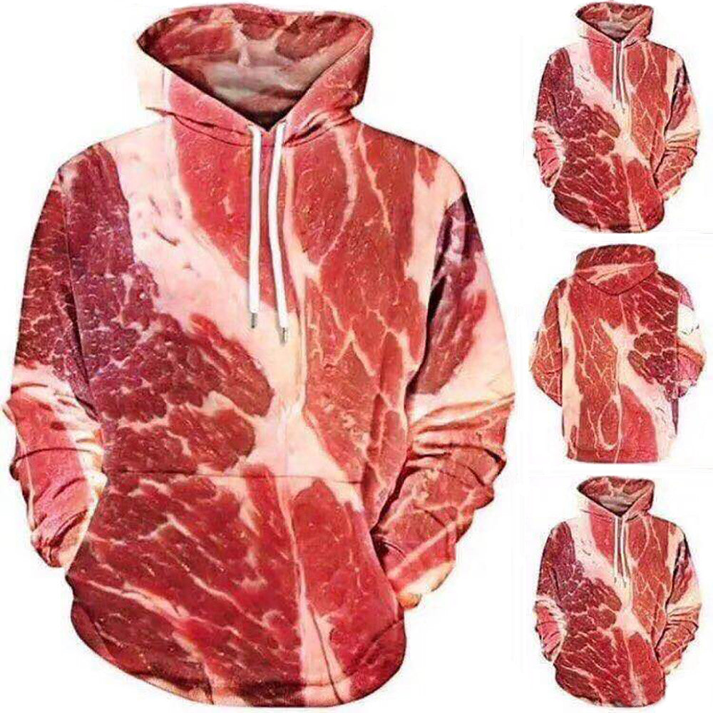 Pulôver unissex de carne crua com estampa 3D de manga comprida com capuz e blusa