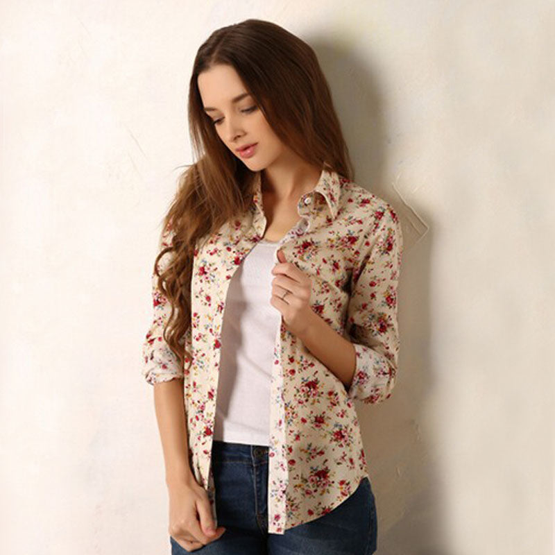 new 2018 Fashion women vintage floral printed flower cotton blouse long sleeve elegant Shirts casual slim S-XL sping Autumn