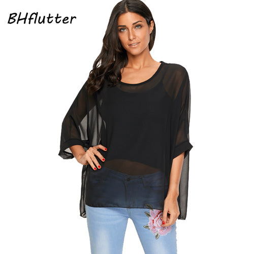 BHflutter النساء البلوزات الصيف بلايز تيز نمط جديد 2018 Batwing بلوزة شيفون عادية قميص 4XL 5XL 6XL حجم كبير النساء الملابس