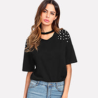 SHEIN Pérola Frisado Gargantilha Pescoço Tee Casual Mulheres Camiseta 2018 Verão Elegante Tops Preto Manga Curta V Pescoço Recortado Camiseta