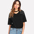 SHEIN Pérola Frisado Gargantilha Pescoço Tee Casual Mulheres Camiseta 2018 Verão Elegante Tops Preto Manga Curta V Pescoço Recortado Camiseta
