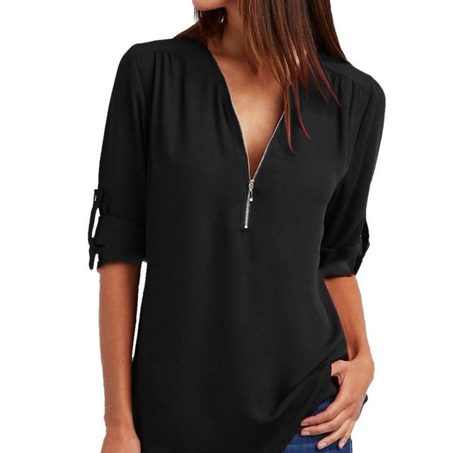 LASPERAL 2018 Spring Summer Chiffon Blouse Women Shirts Long Sleeve Casual V-neck Solid Zipper Blusas Female Tops Plus Size 5XL