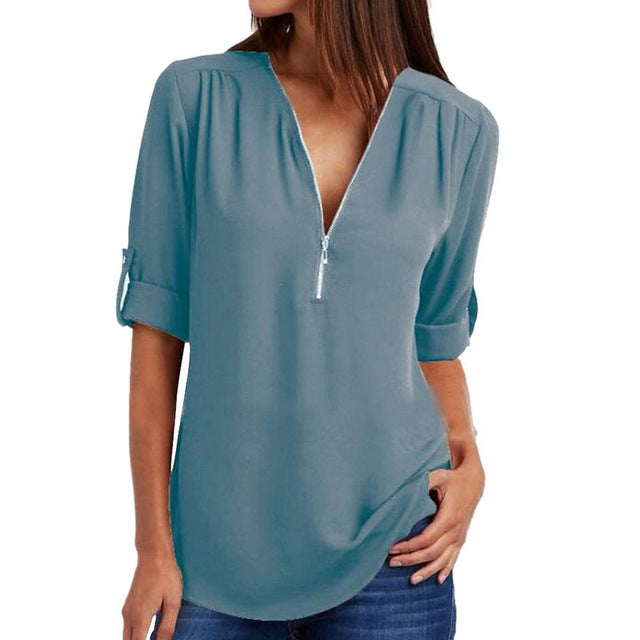 LASPERAL 2018 Spring Summer Chiffon Blouse Women Shirts Long Sleeve Casual V-neck Solid Zipper Blusas Female Tops Plus Size 5XL