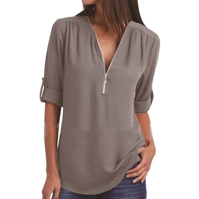 LASPERAL 2018 Spring Summer Chiffon Blouse Women Shirts Long Sleeve Casual V-neck Solid Zipper Blusas Female Tops Plus Size 5XL