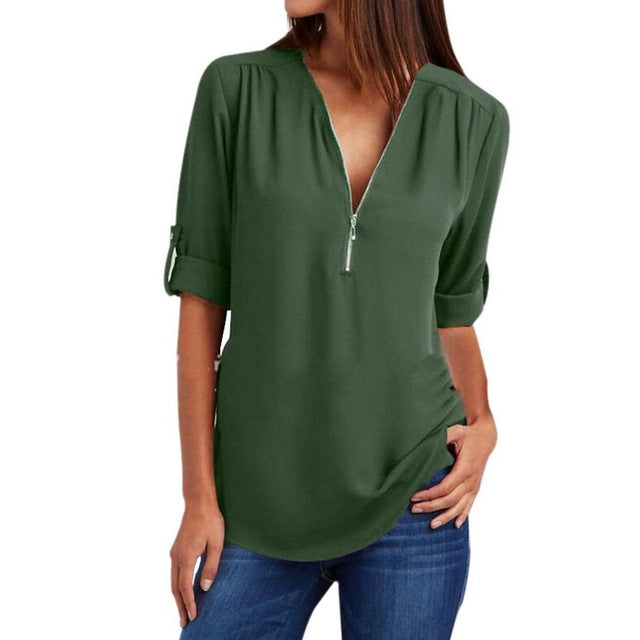 LASPERAL 2018 Spring Summer Chiffon Blouse Women Shirts Long Sleeve Casual V-neck Solid Zipper Blusas Female Tops Plus Size 5XL