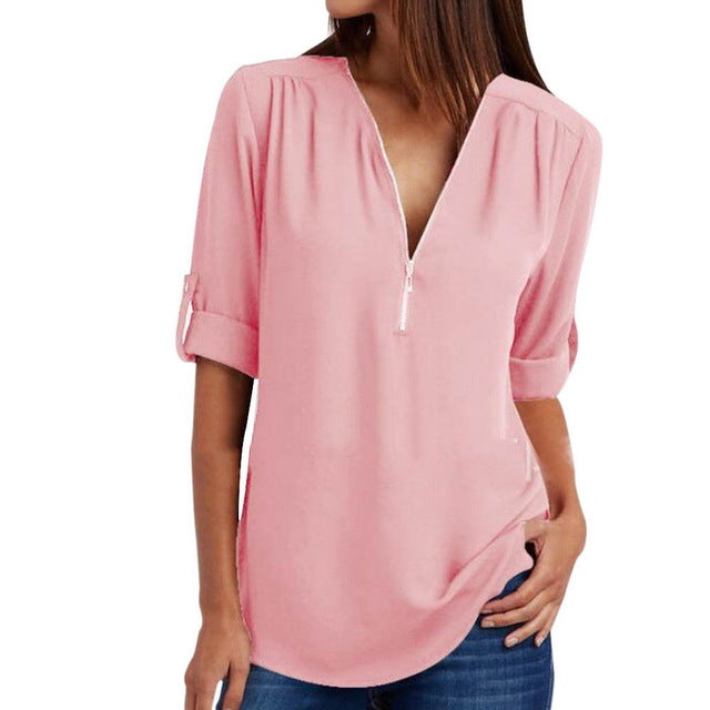 LASPERAL 2018 Primavera Verão Chiffon Blusa Mulheres Camisas de Manga Longa Casual Com Decote Em V Sólida Zíper Blusas Femininas Tops Plus Size 5XL