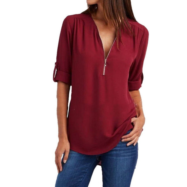 LASPERAL 2018 Spring Summer Chiffon Blouse Women Shirts Long Sleeve Casual V-neck Solid Zipper Blusas Female Tops Plus Size 5XL