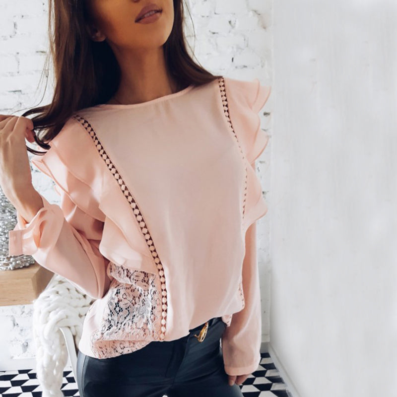 New 2018 Spring Summer Lady Fashion Lace Stitched Hollow Out Chiffon Blouse Sexy Tops O-Neck Long Sleeve Ruffles Causal Shirts