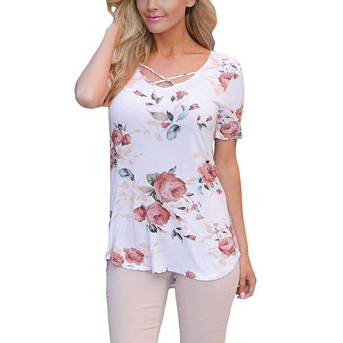 BHflutter S-5XL حجم كبير ملابس النساء 2018 تي شيرت قصير الأكمام الصيف بلايز بلايز الصليب س الرقبة موجز تي شيرت غير رسمي Blusas