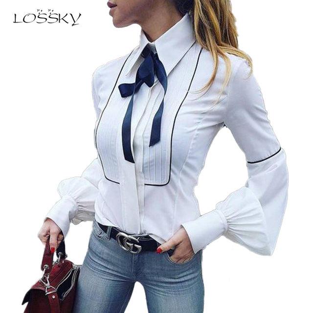 Escritório gravata borboleta blusa feminina manga lanterna botão branco gravata camisas femininas elegante camisa de trabalho casual topos nova primavera 2018