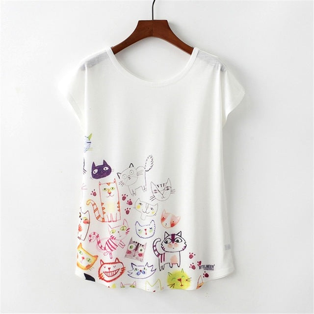 Kaitingu verão novidade feminina t camisa harajuku kawaii estilo bonito agradável gato impressão camiseta nova manga curta topos tamanho ml xl