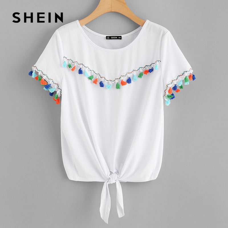 SHEIN Franja Detalhe Nó Frente Tee 2018 Verão Casual Mulheres Branco Bonito Camiseta Em Torno Do Pescoço Manga Curta Regular Fit Camiseta