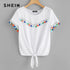 SHEIN Franja Detalhe Nó Frente Tee 2018 Verão Casual Mulheres Branco Bonito Camiseta Em Torno Do Pescoço Manga Curta Regular Fit Camiseta
