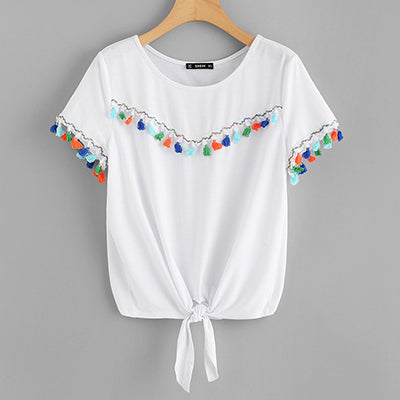 SHEIN Fringe Detail Knot Front Tee 2018 Summer Casual Women White Cute T shirt Round Neck Short Sleeve Regular Fit Tee Shirt