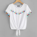 SHEIN Fringe Detail Knot Front Tee 2018 Summer Casual Women White Cute T shirt Round Neck Short Sleeve Regular Fit Tee Shirt